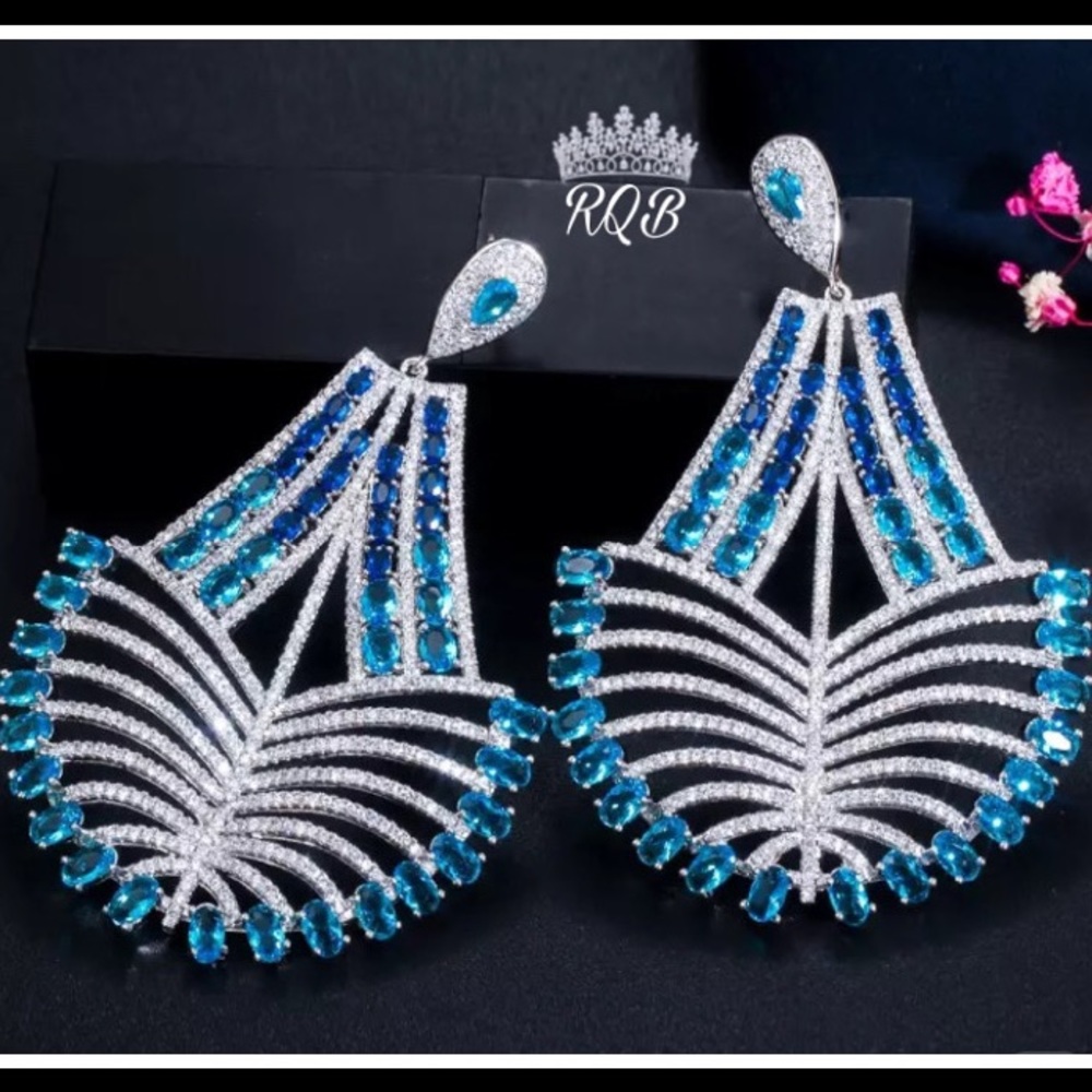 Blue and Clear Statement Pageant Earrings